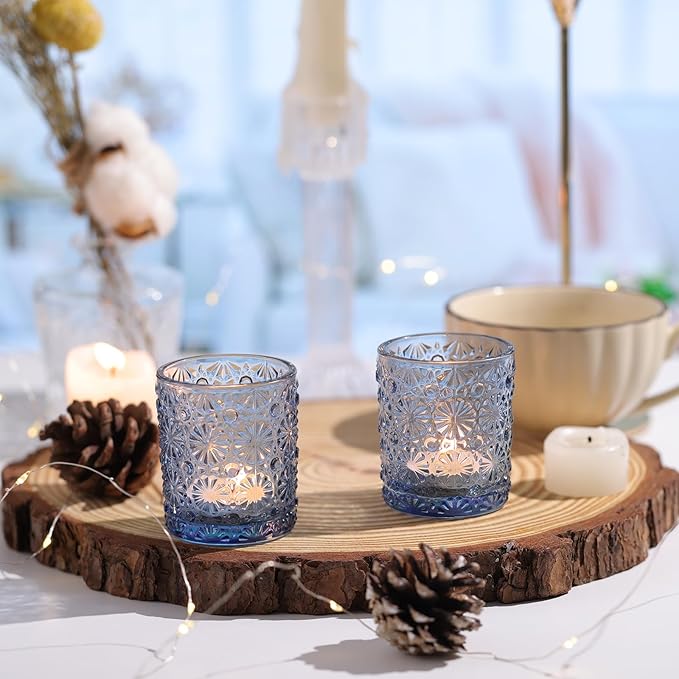 Blue Votive Candle Holder Set of 36, Flower Tea Lights Candles Holders for Wedding Table Centerpieces, Birthday Parties, Home Decor, Blue Bridal Shower and Holiday Decorations