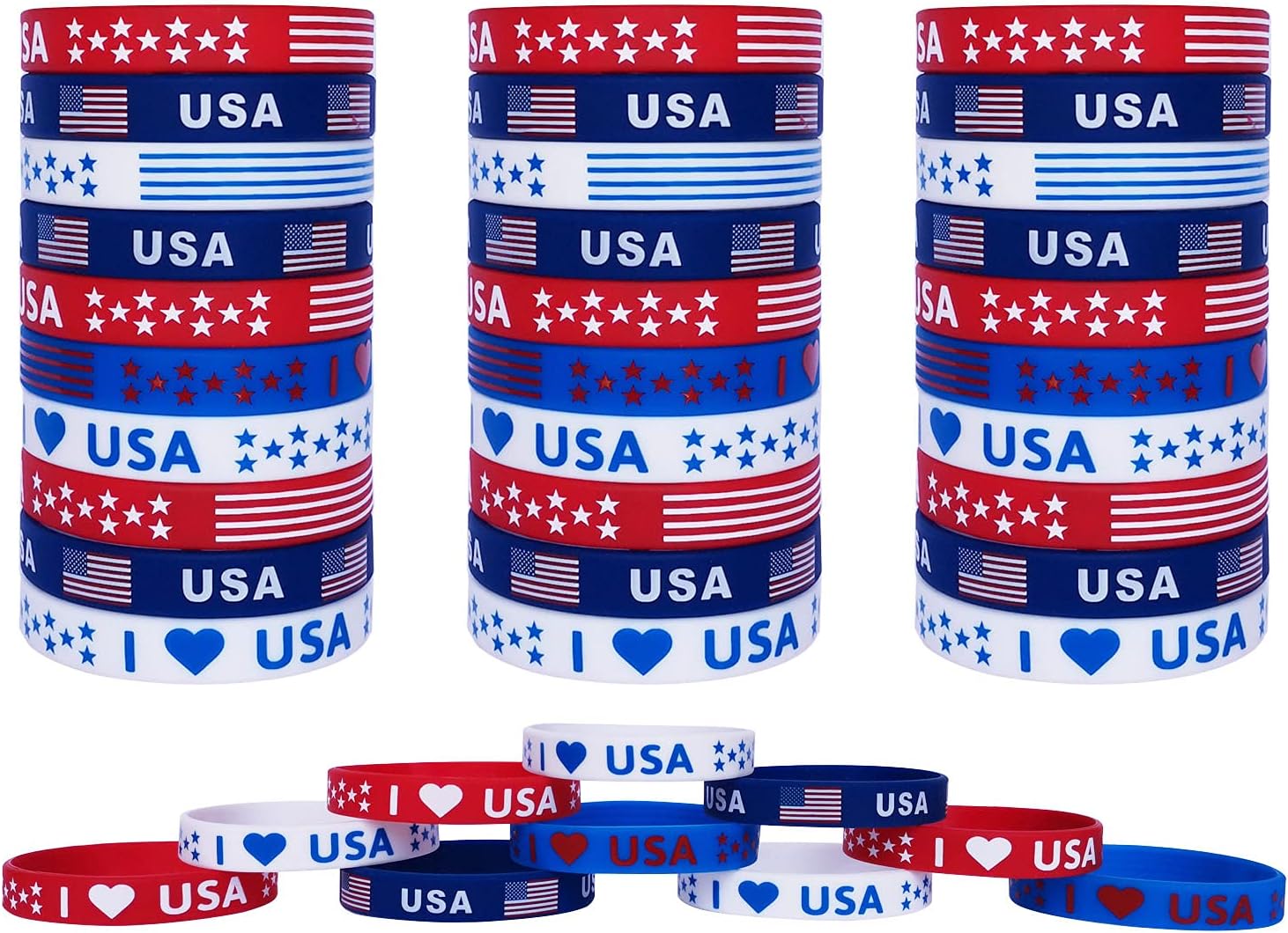 JAKADYUKS American Flag Silicone Bracelet 40Pcs, Fourth 4th of July Patriotic Party Favors, Memorial Day Veterans Day Wristband, USA Red White and Blue Decorations