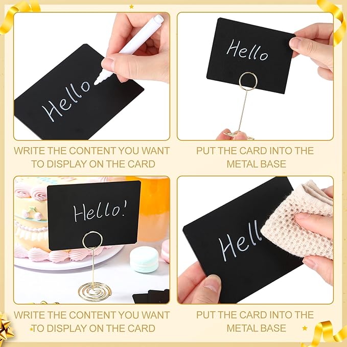TecUnite 24 Pack Mini Chalkboard Signs, 4"x3" Small Table Place Cards with Metal Stand and 2 Marker Pens Food Labels for Party Buffet, Tabletop Blackboard Signs Name Tags for Wedding Bakery(Gold)