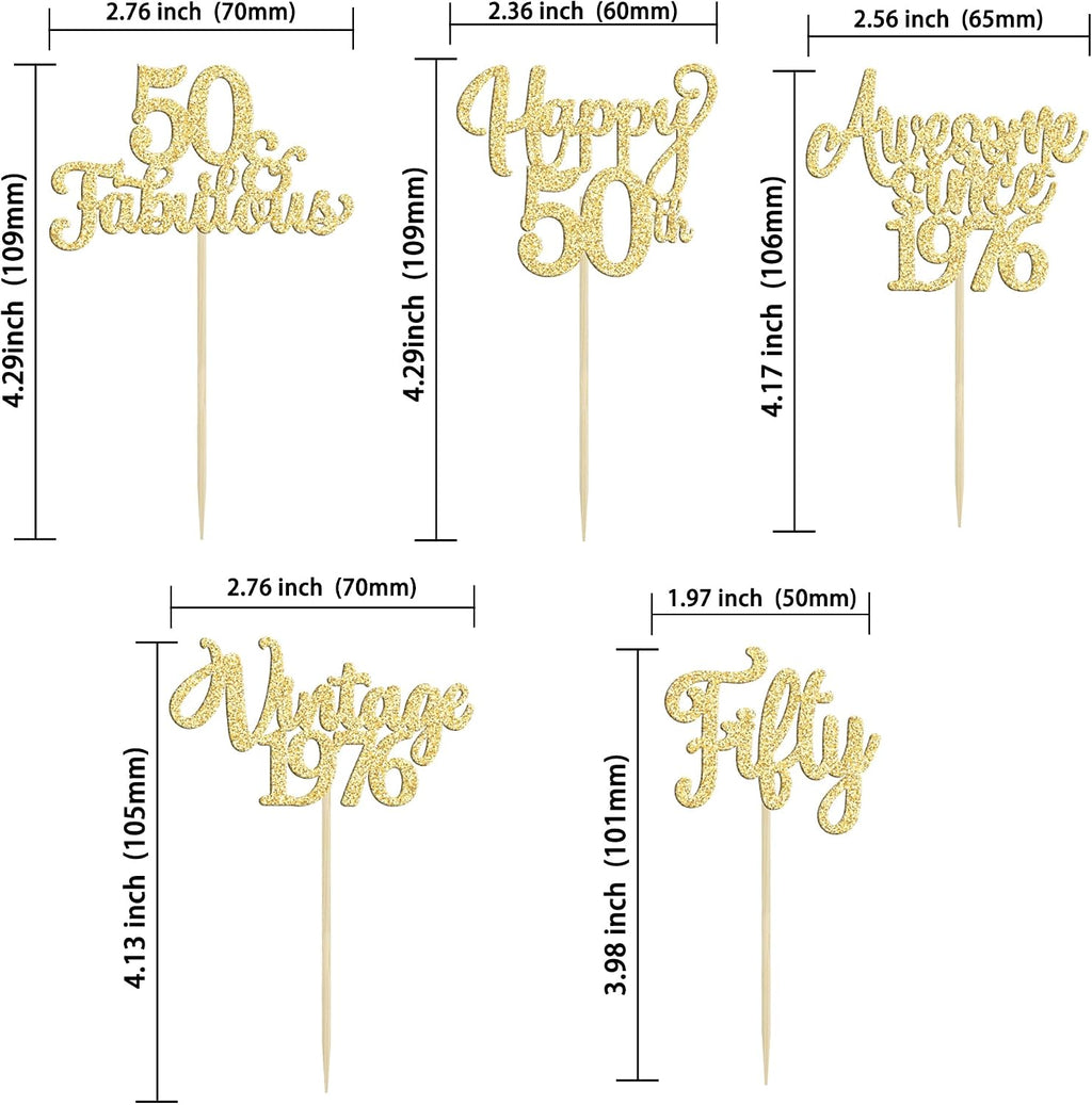30Pcs Vintage 1976 Cupcake Toppers Glitter Fifty Happy 50th Birthday 50 Fabulous Cupcake Picks Cheers to 50 Years for 50th Birthday Wedding Anniversary Party Cake Decorations Supplies Gold