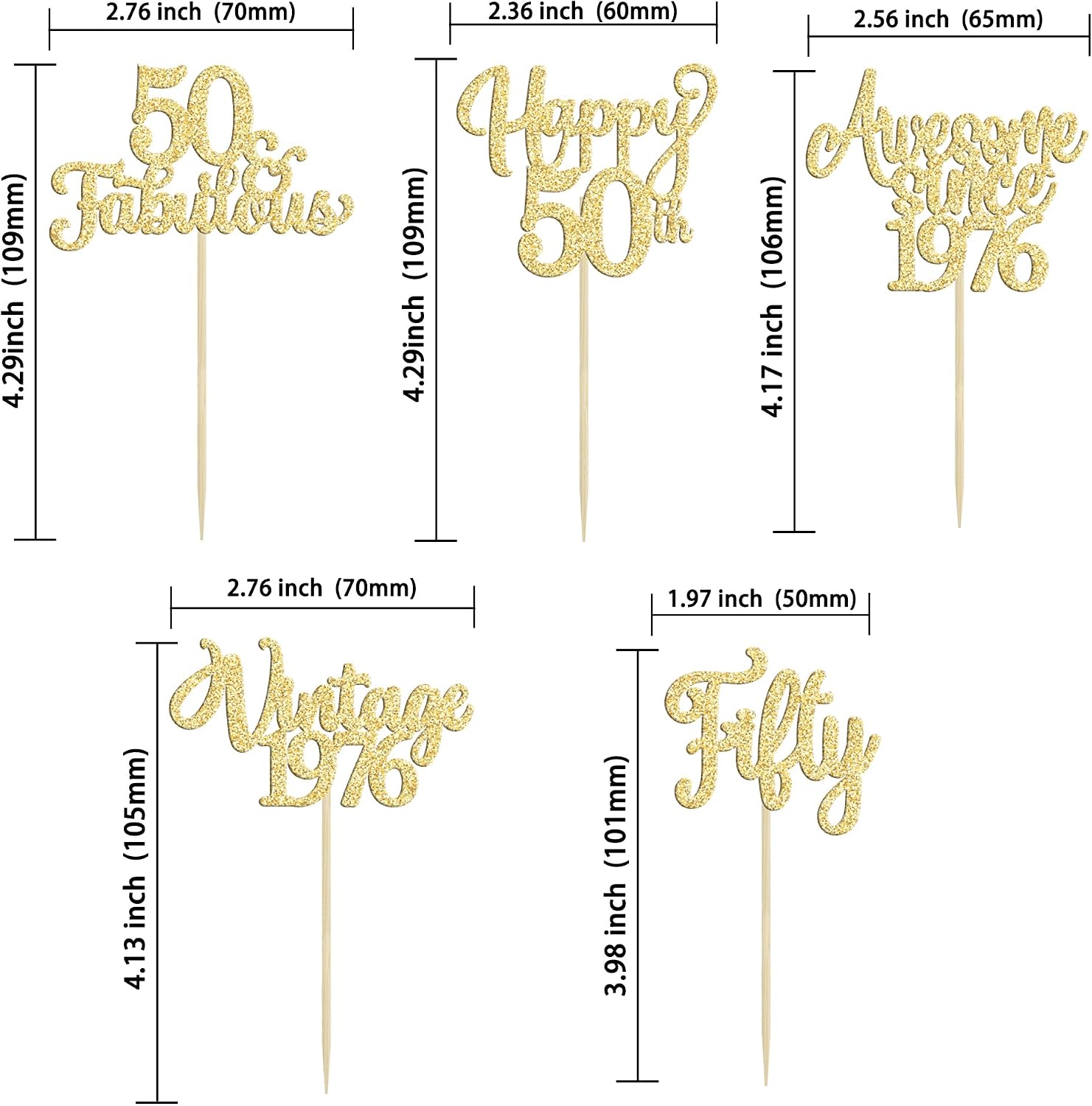 30Pcs Vintage 1976 Cupcake Toppers Glitter Fifty Happy 50th Birthday 50 Fabulous Cupcake Picks Cheers to 50 Years for 50th Birthday Wedding Anniversary Party Cake Decorations Supplies Gold