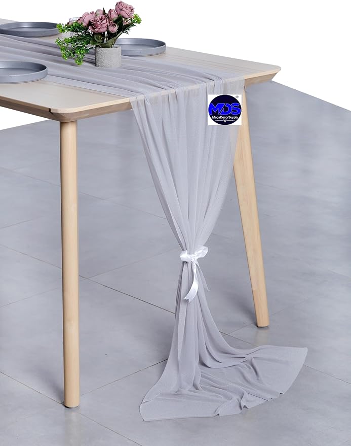 MDS 2 Pack 10ft Chiffon Table Runner 29 x 120 Inches Sheer Wedding Runner Romantic Rustic Table Runner for Wedding Decorations, Birthday Parties, Bridal Shower Party Arch Decor - Cool Gray