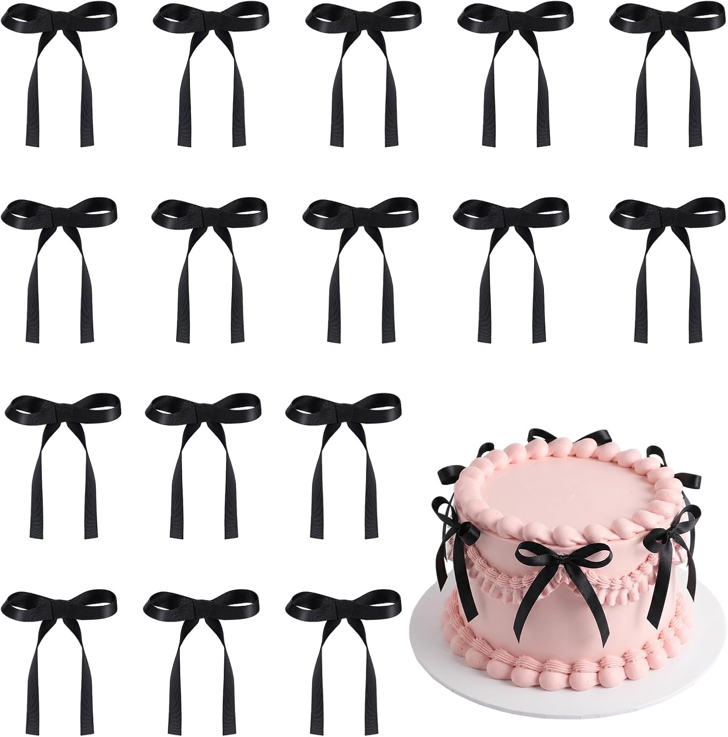 30PCS Black Ribbon Bows for Cakes Pre-Tied Bow Cake Toppers | Ready to Use Cake Bows for Birthday, Wedding, Baby Shower Bachelorette Party and Dessert Display Decorations