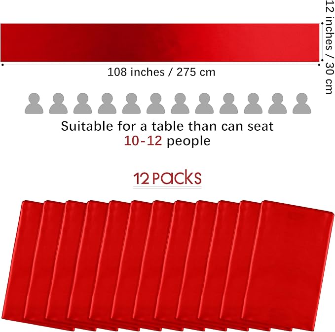 Aneco 12 Pack Satin Table Runner 12 x 108 Inch Red Long Wedding Satin Silk Table Runner for Wedding Banquet Graduations Birthday Party Decoration