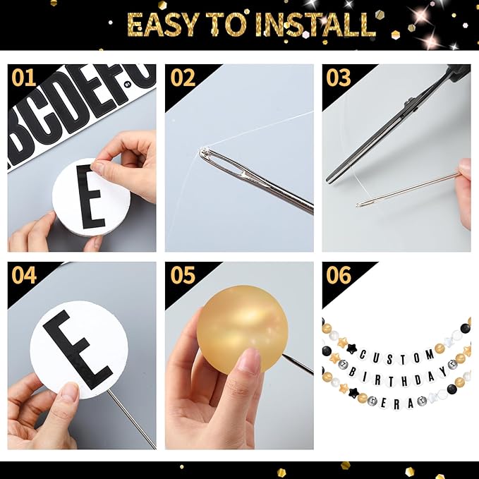 Giant Friendship Bracelet Garland Kit, DIY Birthday Banner with Letters Ball Jumbo Customizable Friendship Bracelet Decor for Halloween Christmas Wedding Party(Black, Gold, White)
