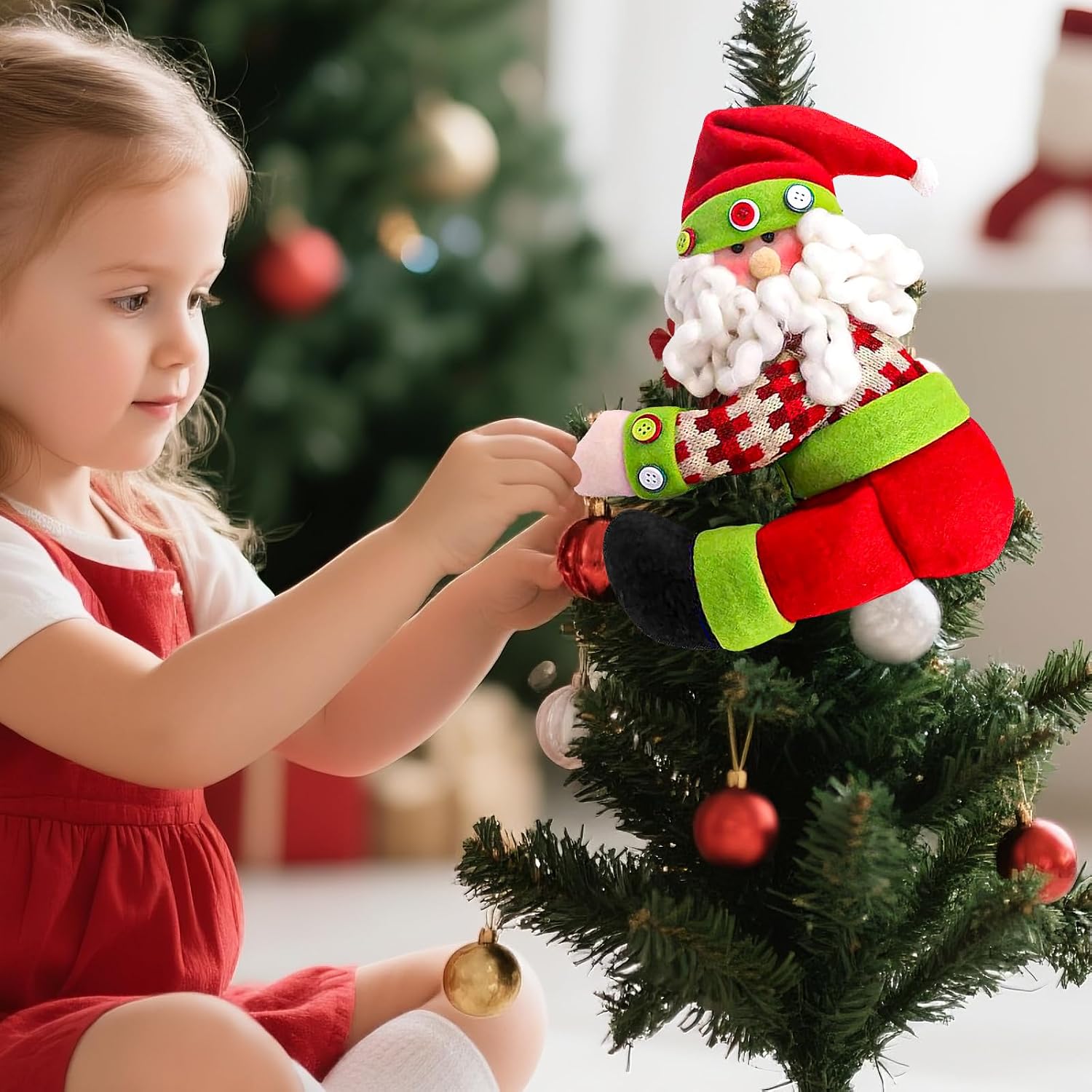 Santa Christmas Tree Topper Decoration 10.5 * 13 in,Unique Funny Plush Santa Decor for Tree,Xmas Curtain Ornaments Wine Bottle Staircase Guardrail Decoration for Xmas New Year Holiday Birthday