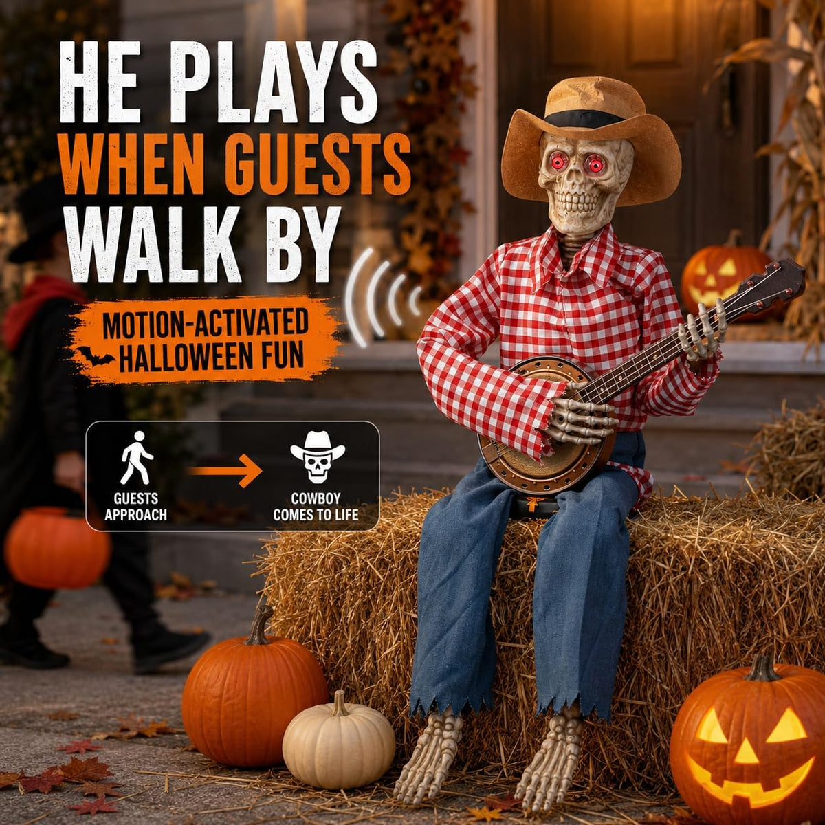 39" Halloween Animatronic Banjo-Playing Skeleton - Animated Scarecrow Co...