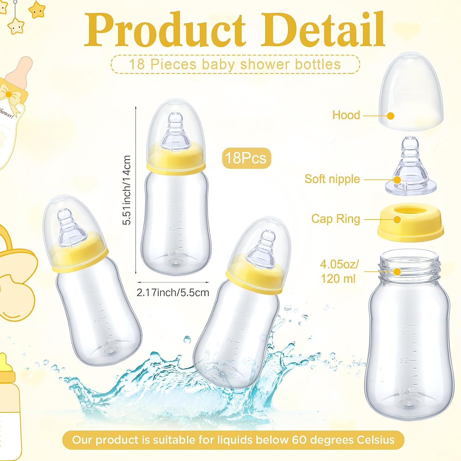 Roowest Bottle Chug Baby Shower Games Favors Including 18 Pcs Bottles with 1 Bottle Chug Wooden Sign for Gender Reveal Baby Shower Party Supplies(Yellow,Bee)