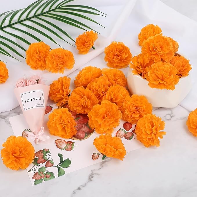 80 Pcs Artificial Marigold Flowers,2" Silk Marigold Flower Heads with Stems,Orange Flowers Artificial for Diwali Decor,Indian Wedding,Home,DIY Wreath Garland,Day of The Dead Decorations