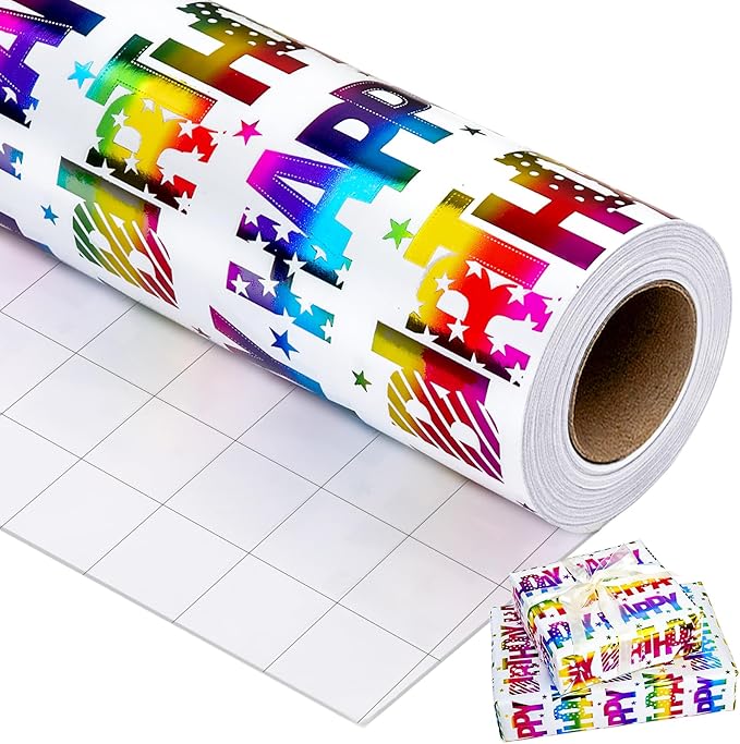 Yarcony Birthday Wrapping Paper Roll, Gift Wrapping Paper, Colorful Foil Girl Happy Birthday Gift Wrap Rainbow Present Paper for Kids Boys Girls, Holiday,Party,Baby Shower(17 Inch X 33 Feet)
