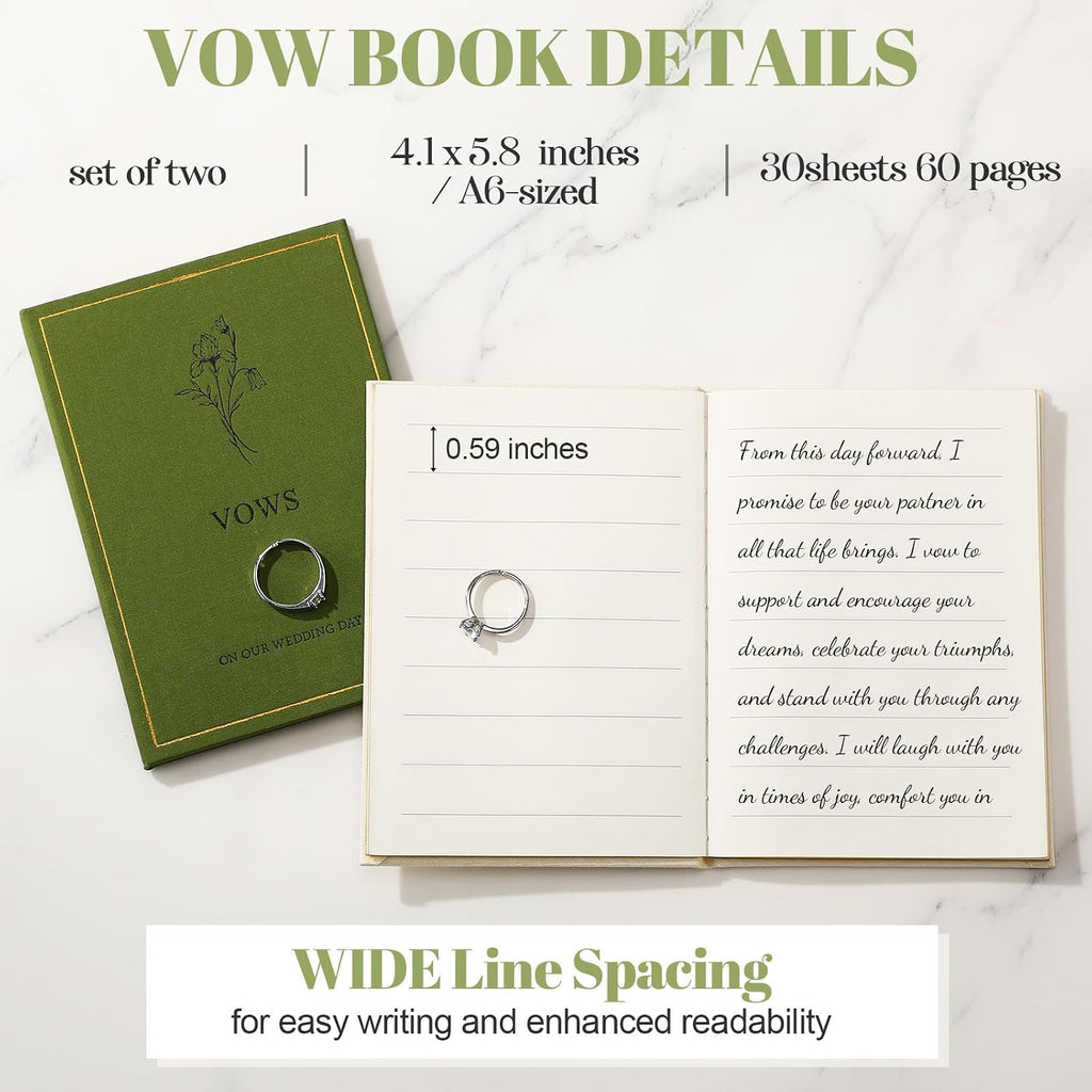 Engrowtic Set of 2 Wedding Vow Books His and Hers Vows on Our Wedding Day Notebooks with Gold Foil Fabric Cover 5.8"x 4.1" Bride and Groom Gift for Newly Engaged Couple, 60 Lined Pages(Green, Beige)