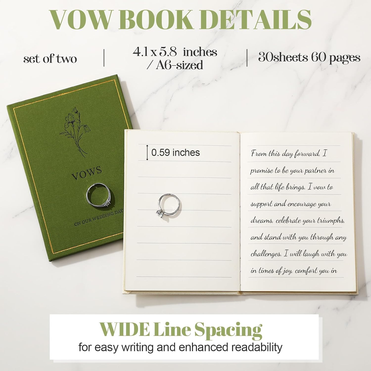 Engrowtic Set of 2 Wedding Vow Books His and Hers Vows on Our Wedding Day Notebooks with Gold Foil Fabric Cover 5.8"x 4.1" Bride and Groom Gift for Newly Engaged Couple, 60 Lined Pages(Green, Beige)