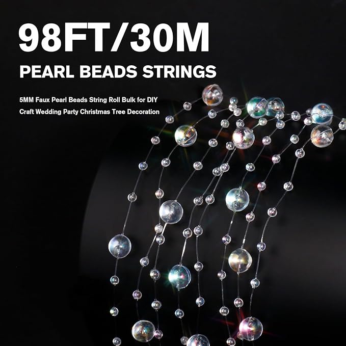 98FT Pearl Beads String Garland, 8mm 3mm Iridescent Faux Pearl Beads Roll Strand Bulk for Wedding Party Flower Christmas Decoration DIY Craft