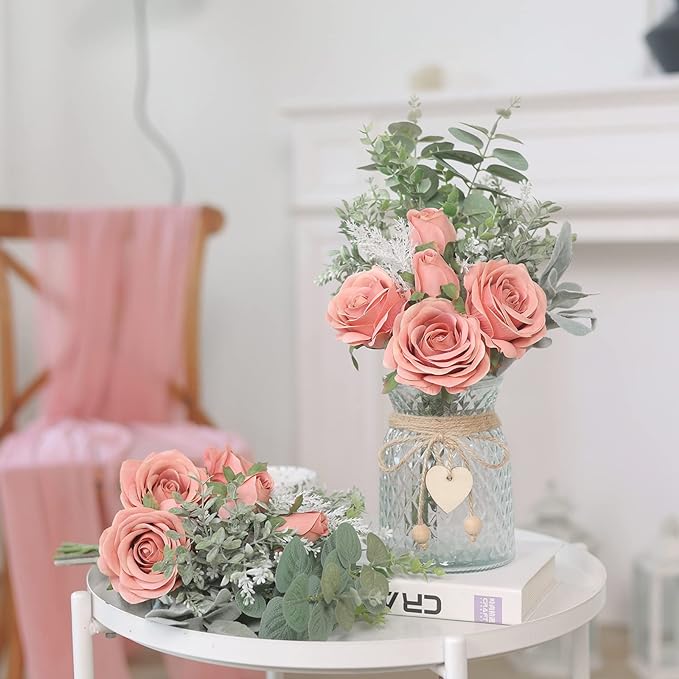 Faux Flowers with Vase,Artificial Silk Roses in Vase, Fake Plant Eucalyptus Flower Arrangement for Home Office Farmhouse Bathroom Dining Table Centerpiece Decorations Coffee Table Decor (Dusty Pink)