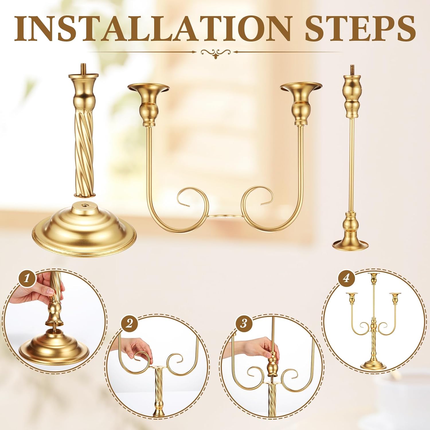 Rtteri 6 Pcs Gold Candelabra Candlestick Holder Metal Candle Stand Candelabra for Taper Candles Table Centerpieces Wedding Christmas Holiday Birthday Party (9.5 x 9.5 x 19.7 Inch,3 Arm)