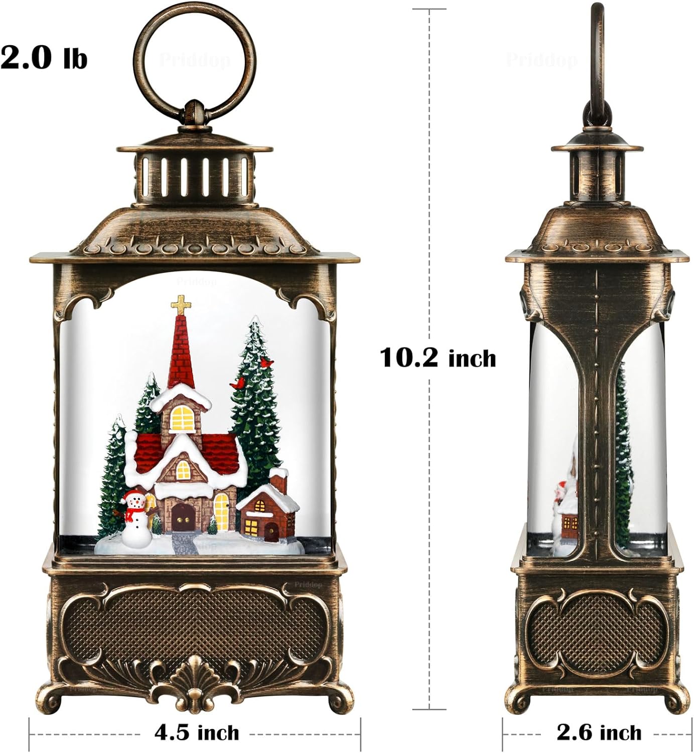 Priddop Church Snow Globe Christmas Decorations Gifts Snowman Cabin Cardinal Tree USB/Battery Timer Music Glitter Snowfall Lantern 10.2 inch