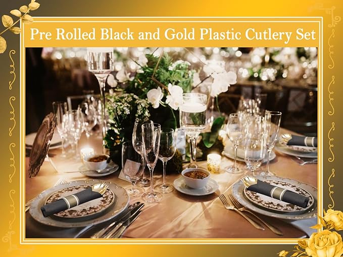 Supernal 60 Pack Gold Silverware, Rolled, Pre Wrapped with Black Napkins, Heavy Duty Plastic Cutlery, Forks and Spoons