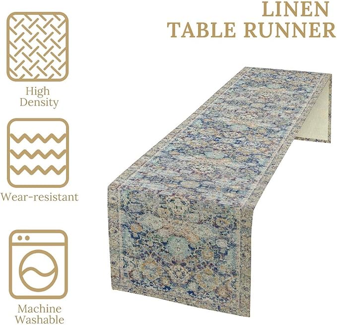 Vintage Boho Floral Table Runner, Rustic Country Farmhouse Blue Yellow Retro Flower Pattern for Home Kitchen Table Decor Dining Coffee Room Party Decor 13x36in