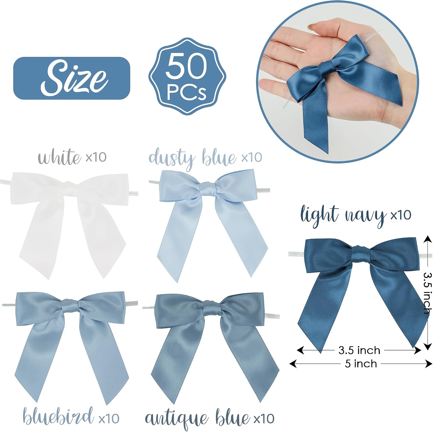 AIMUDI 5 Colors Dusty Blue Twist Tie Bows 3.5" Premade Blue Satin Ribbon Bows for Gift Wrapping Pre-Tied Treat Bows for Wedding Decor, Bridal Shower, Baby Shower, Wreaths, Party Favors - 50 Counts