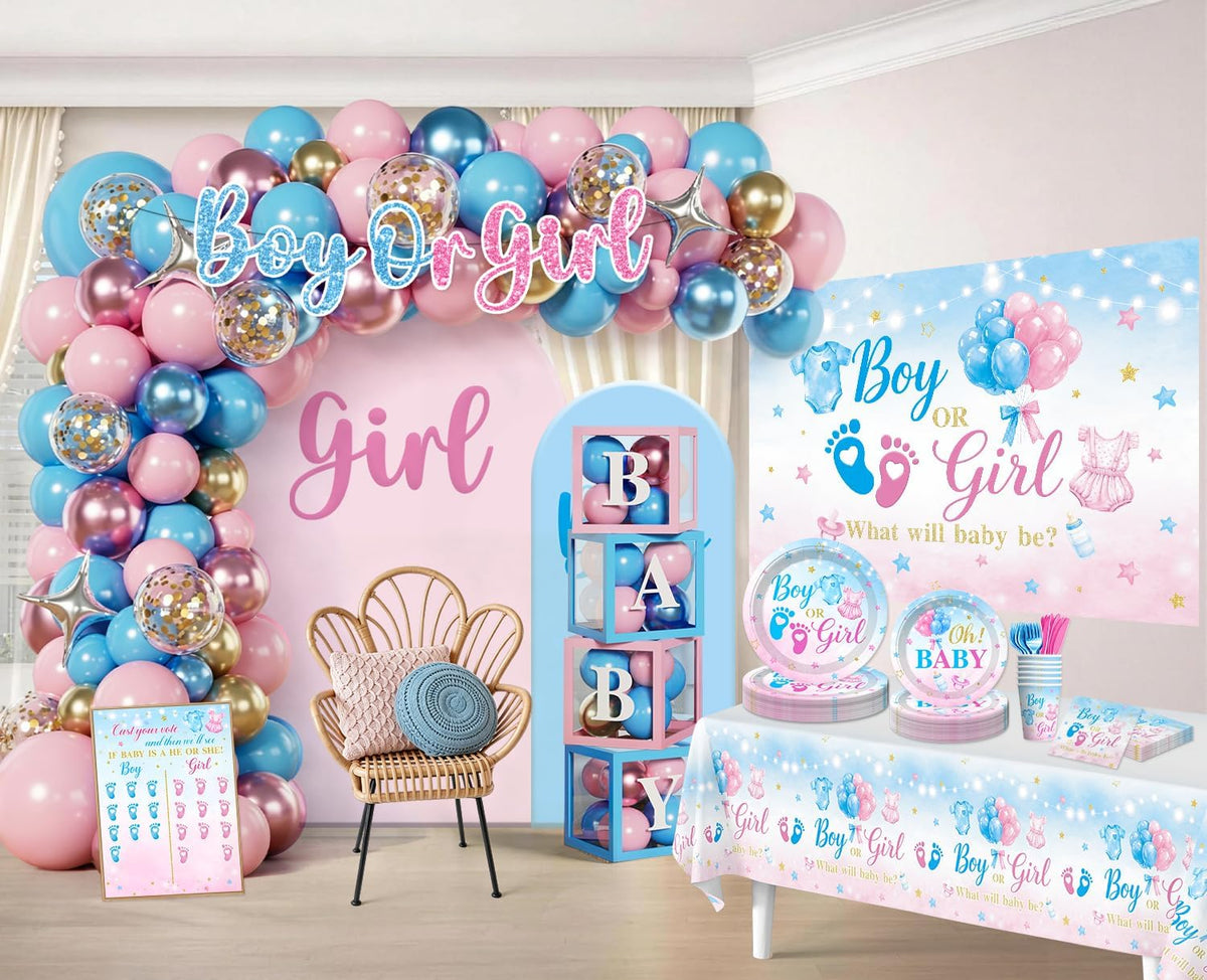 gender reveal decorations, all-in-one decor set for 25, close-up detail