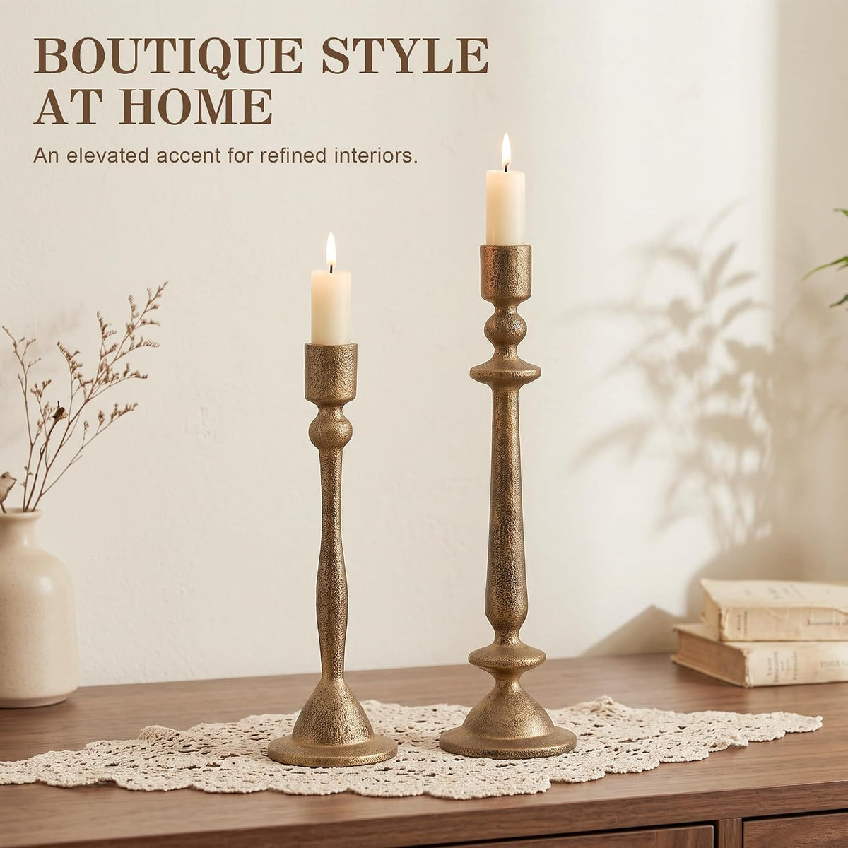 Vintage Gold Cast Iron Taper Candle Holders Set of 2