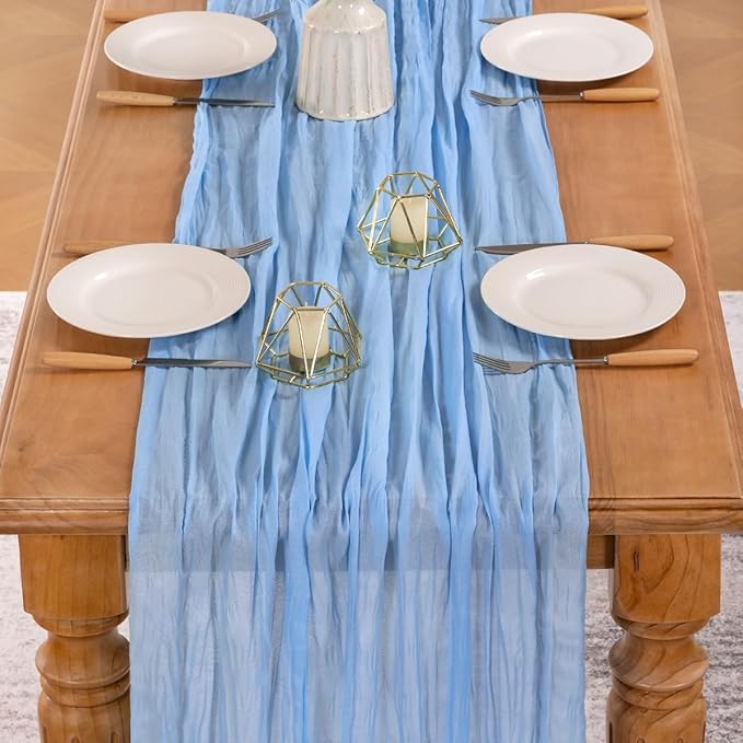 MLMW 4 Pack Light Blue Cheesecloth Table Runner Boho Gauze Rustic Cheese Cloth 160 inch Sheer Baby Blue Coastal Table Runner 13.3ft for Wedding Party Baby Bridal Shower Birthday