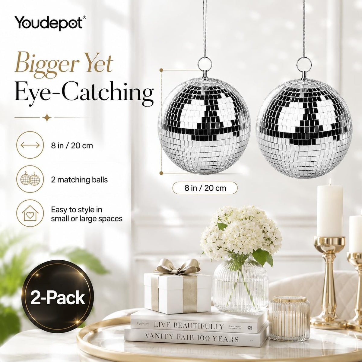 Youdepot 8-Inch Silver Disco Ball Mirror Ball 2-Pack