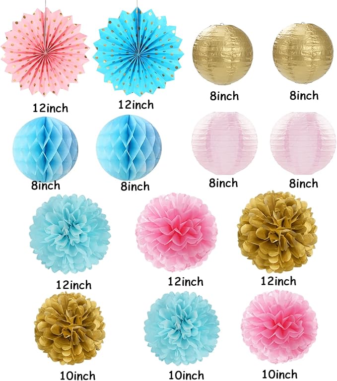 Pink Blue-Gold Party-Decorations Streamers Lanterns - 14pcs Gender Reveal Boy or Girl Birthday Paper Lanterns Fan,Tissue Pom Poms Streamer, Honeycomb Balls Decor