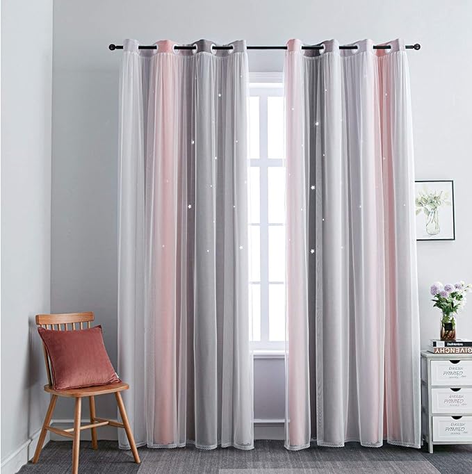 FANLI Ombre Rainbow Blackout Curtains for Kid Girls Bedroom Living Room Darking Stripe Double Layer Star Cut Out Wall Home Decor Gradient Grommet Window Curtains (Pink/Grey, 52W x 63L)