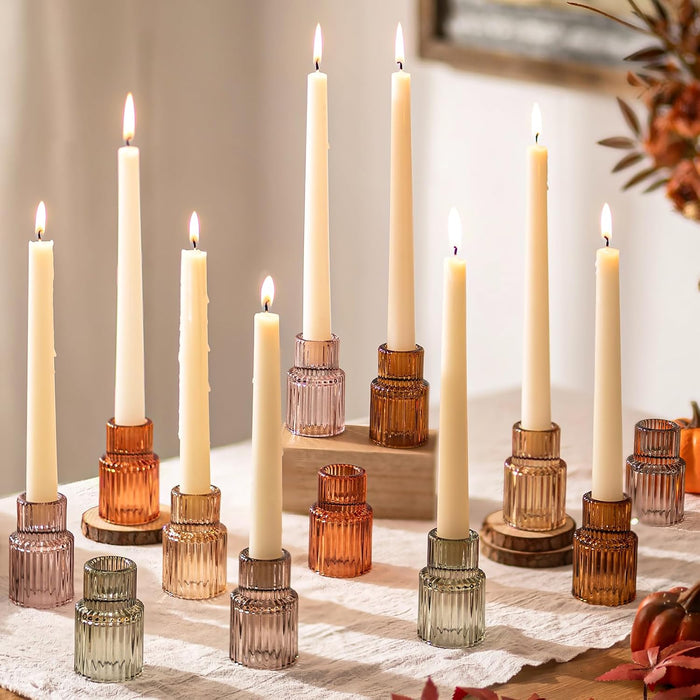 Hewory 12PCS Vintage Color Glass Taper Candle Holders for Table Centerpiece