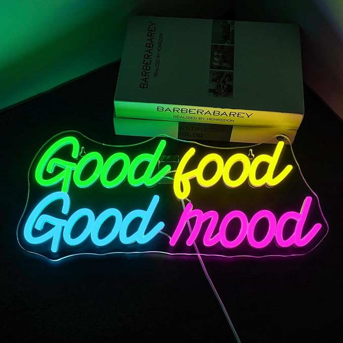Looklight Good Food Good Mood Neon Sign,Letter Neon Signs for Wall Decor,Colorful Dimmable Neon Lights,USB Led Neon Signs for Kitchen Fast Food Shop Cafe Restaurant Store