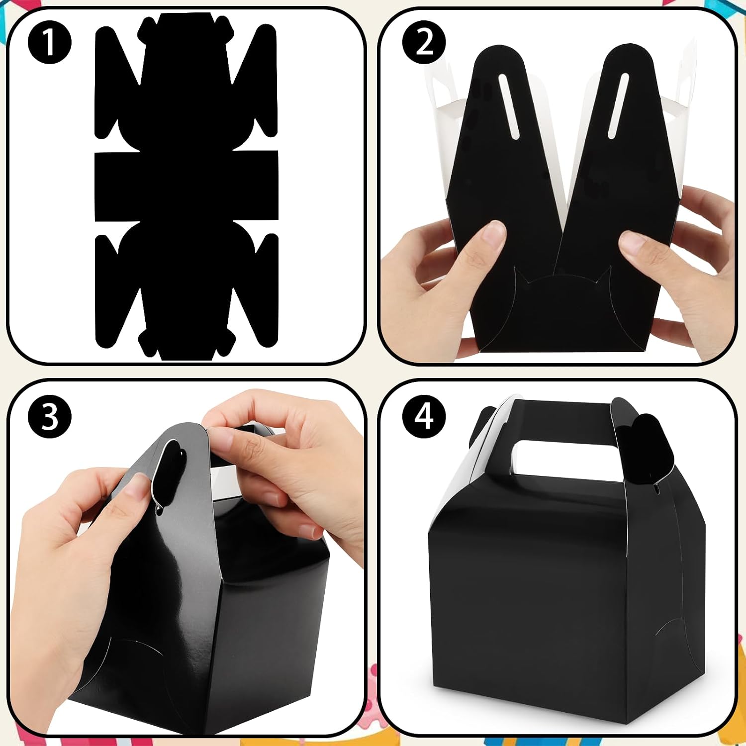 Hooqict 24 Pack Black Party Favor Treat Boxes Paper Gable Gift Boxes with Handles for Party Favors Snack Goodie Candy Cookie Desserts, 6.7x5.1x3.5 Inch