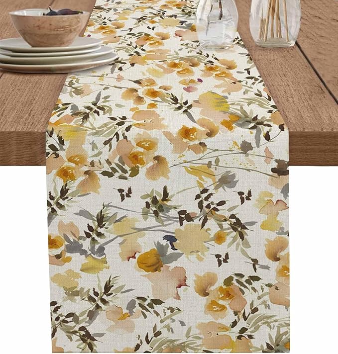 Vintage Orange Flower Cotton Linen Table Runner for Dining Kitchen, Wedding Outdoor Party Tablerunners Decoration, Farmhouse Botanical Floral Retro Dresser Scarf Coffee Tablecloth Runners 13''x120''