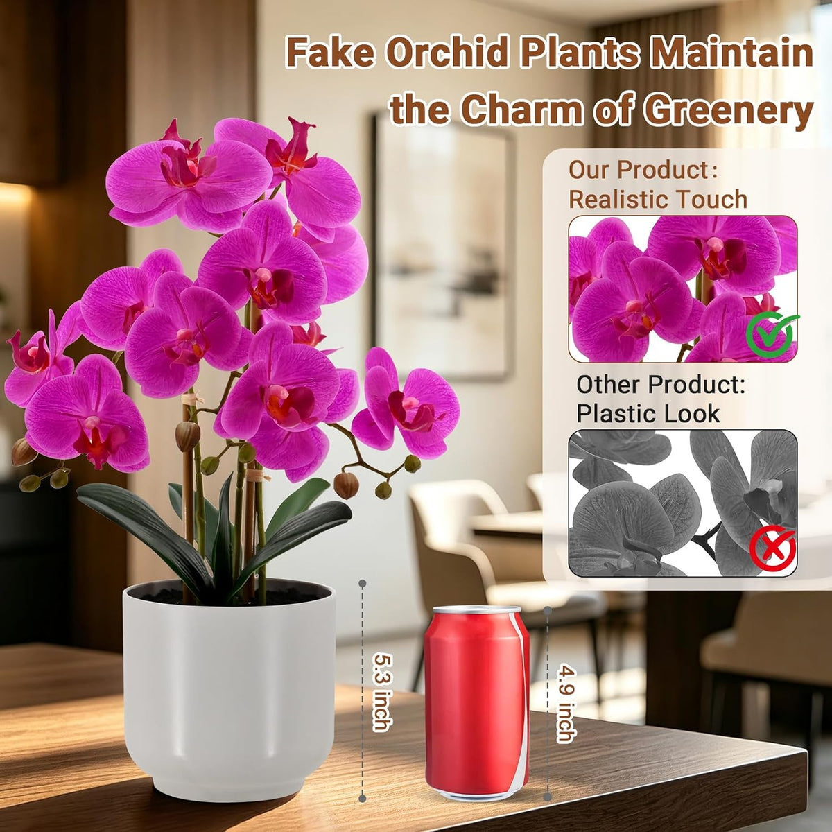 faux orchid 19”tall artificial flower plant indoor for showing dimensions