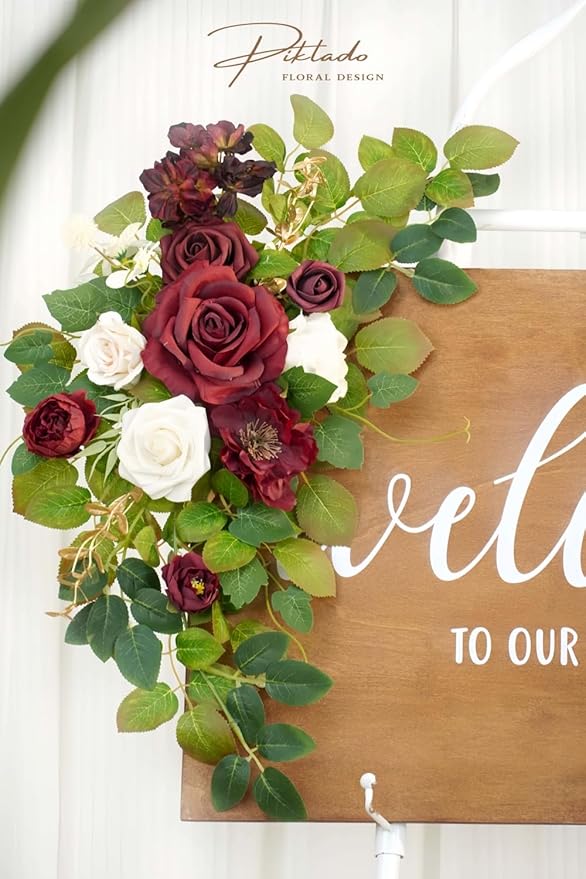 Wedding decor (pack of 2) Welcome Sign Flower Backdrop Garland For Ceremony Reception Wall Easel Home Decoration Entryway Faux Outdoor Board Head Table Decor (Burgundy & White)
