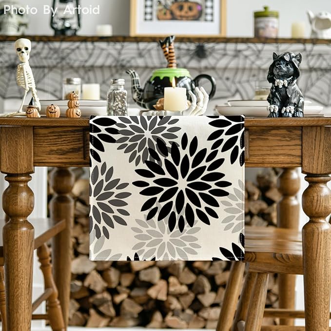 Artoid Mode Black Dahlia Floral Pinnata Halloween Table Runner, Fall Autumn Kitchen Dining Table Decoration for Home Party Decor 13x90 Inch