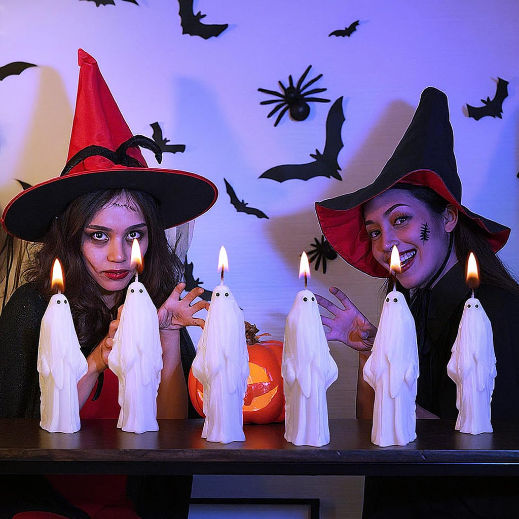Syhood 6 Pcs Halloween Ghost Candles Gothic Spooky Ghost Taper Candles Soy Wax Gifts for Boo Basket Stuffers Halloween Room Table Indoor Decoration