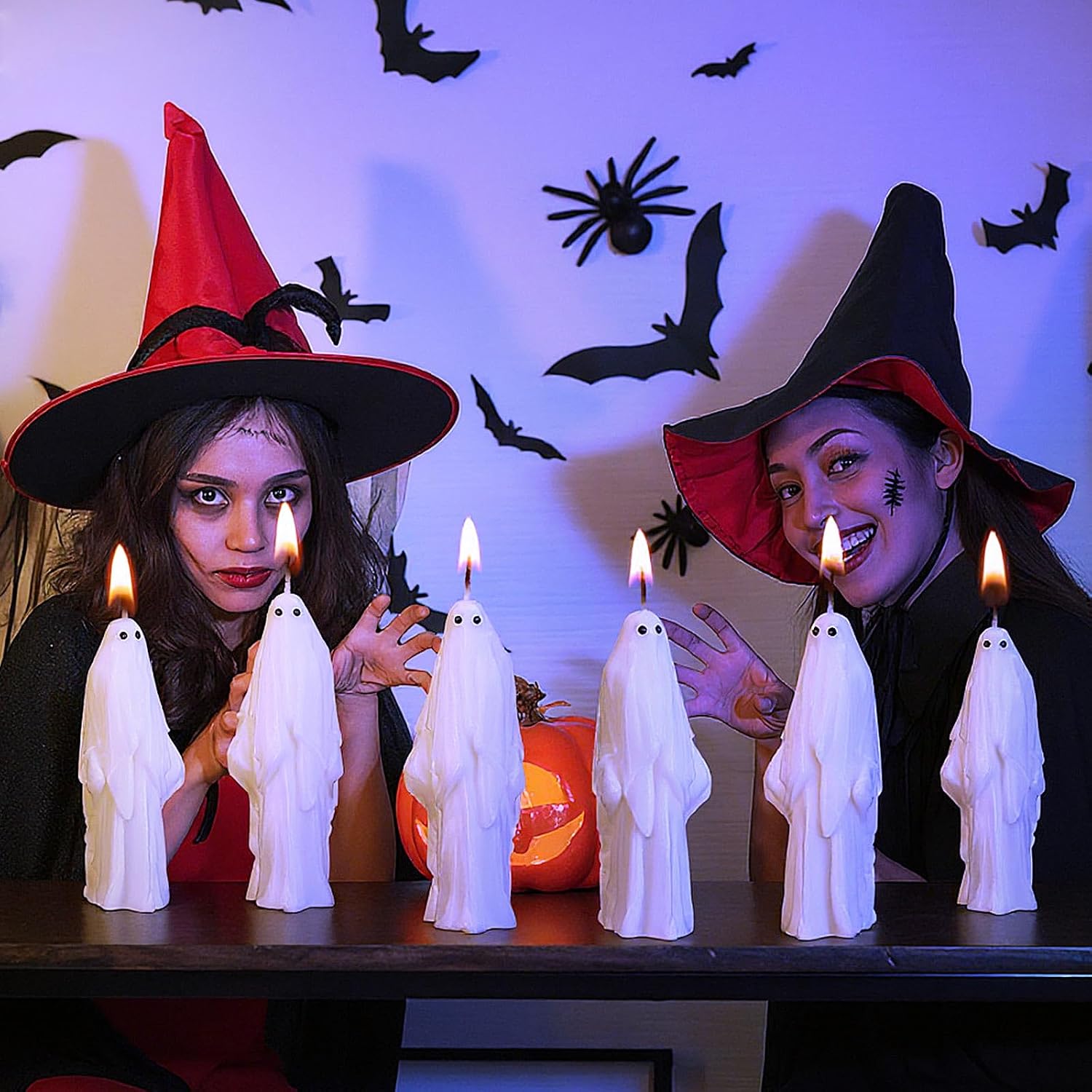 Syhood 6 Pcs Halloween Ghost Candles Gothic Spooky Ghost Taper Candles Soy Wax Gifts for Boo Basket Stuffers Halloween Room Table Indoor Decoration