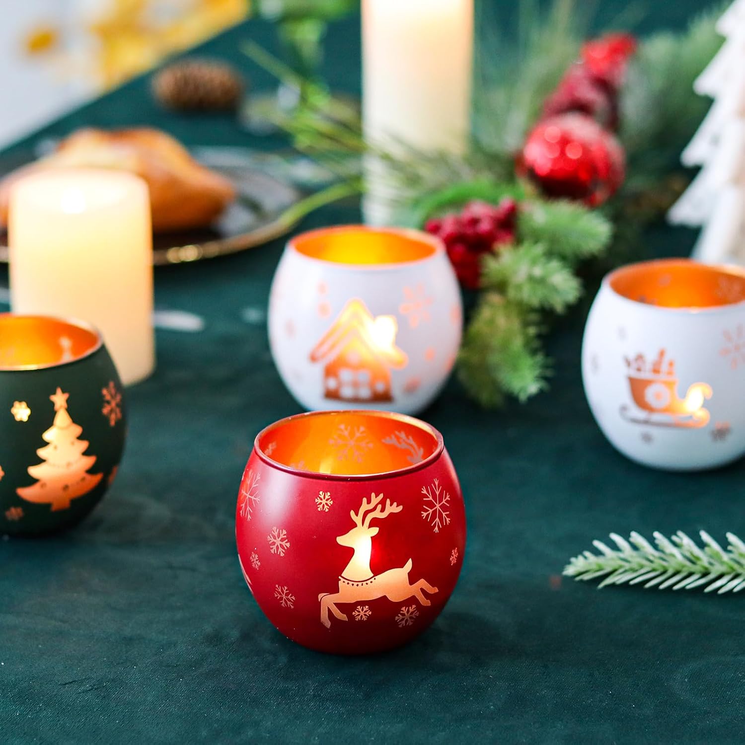 Christmas Candle Holders Set of 4, Frosted Glass Tealight Votive Holders with Snowflake, Reindeer, Christmas Tree Designs, Winter Holiday Table Centerpiece for Indoor Outdoor Decor (Red, Green, White)