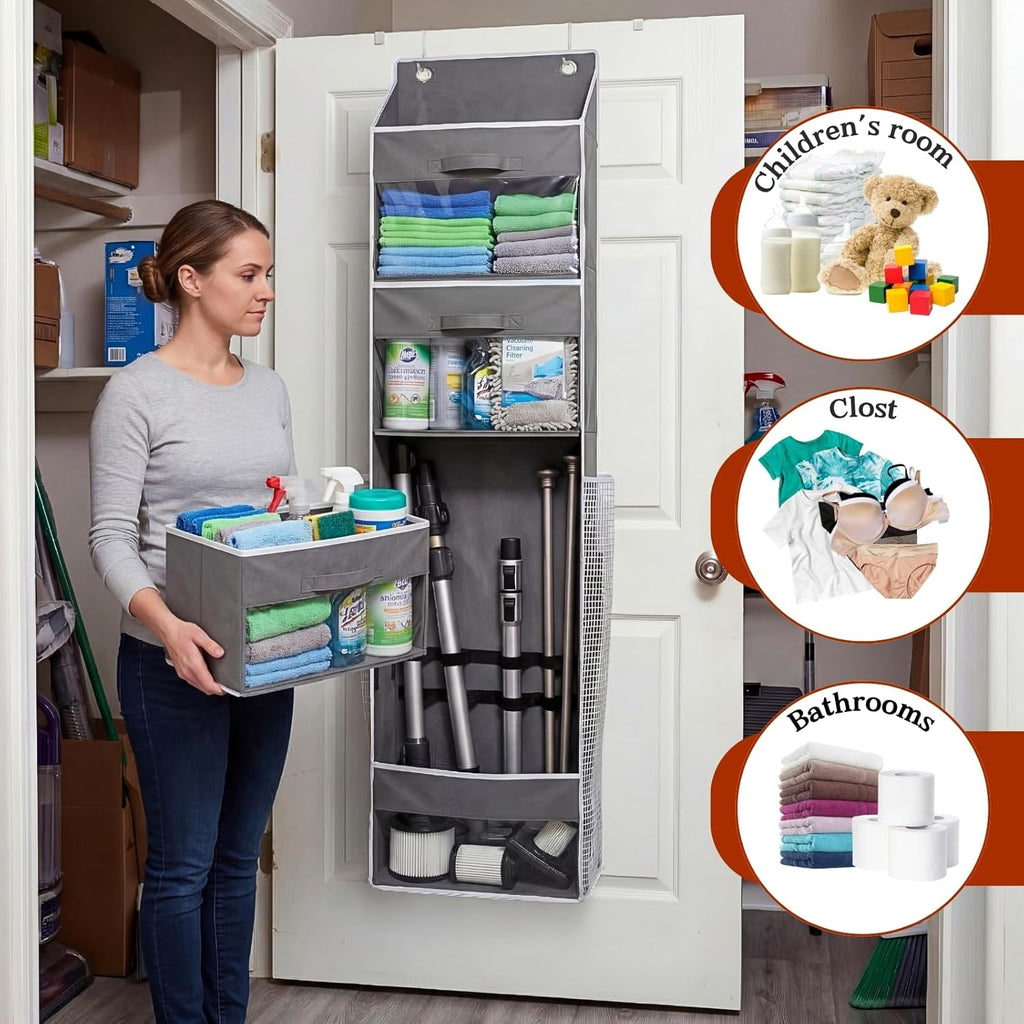 Over Door Wrapping Paper Organizer Storage with 3 Removable Drawers & Side Pockets – Dual Use Design with Elastic Straps – Christmas Gift Wrap Storage for Ribbons, Bows, Ornament and Other Tools 1Pack