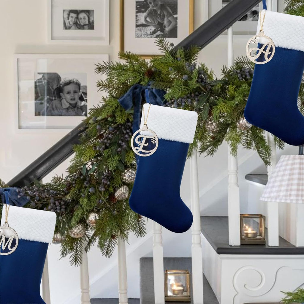 Personalized Christmas Stocking, 19.5 Inch Blue Velvet Christmas Stocking with Gold Wooden Letter Ornament - Fireplace Holiday Decor (Blue paw)