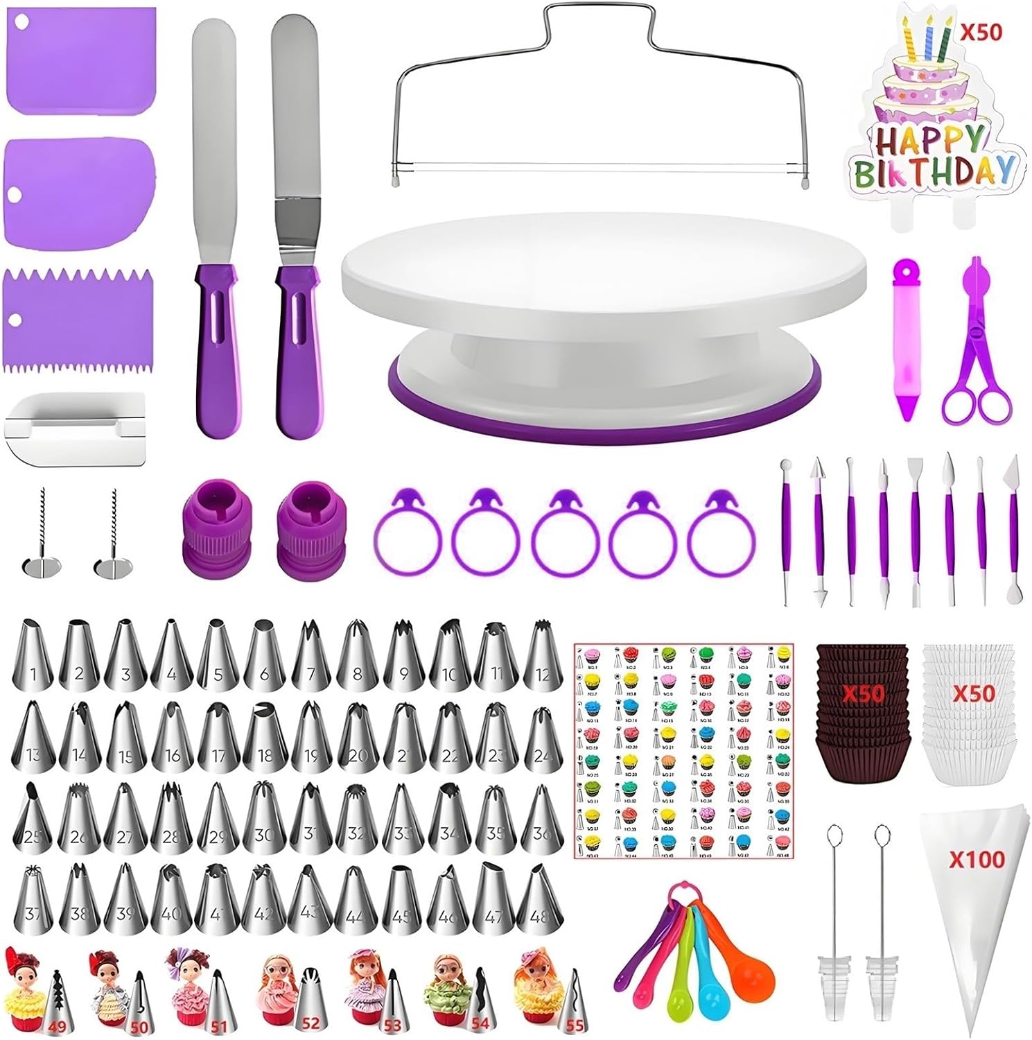 ANSLYQA Cake Decorating Kit, 340 Pcs Baking Tools (Purple) | Cake Turntable, Leveler, 55 Numbered Icing+Skirt Tips, 2 Spatulas, 3 Scrapers, 100 Pastry Bags, 100 Cupcake Liners & More
