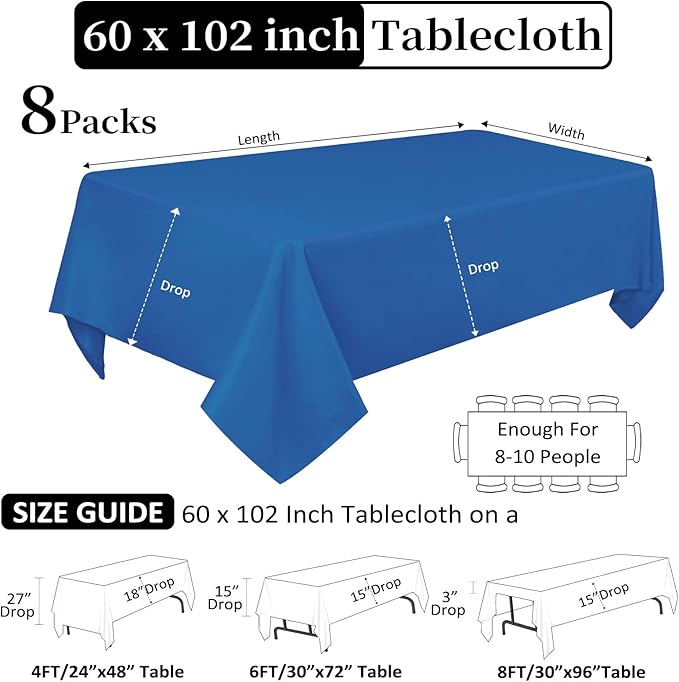 8 Pack Royal Blue Tablecloth 60 x 102 Inch Rectangular Tablecloths for 6 Foot Rectangle Tables, Wrinkle Resistant Blue Table Cloth Washable Polyester Fabric Cover for Party Wedding Banquet