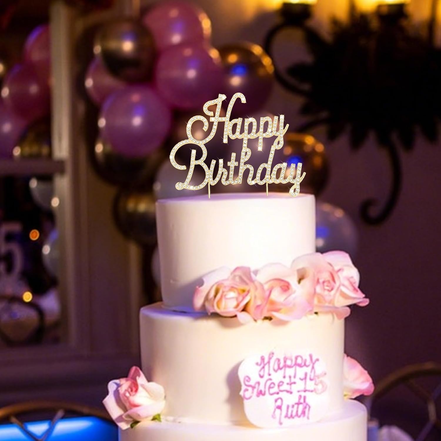 Jaciya Gold Happy Birthday Cake Topper Metal Rhinestones Birthday Cake Decorations for Women
