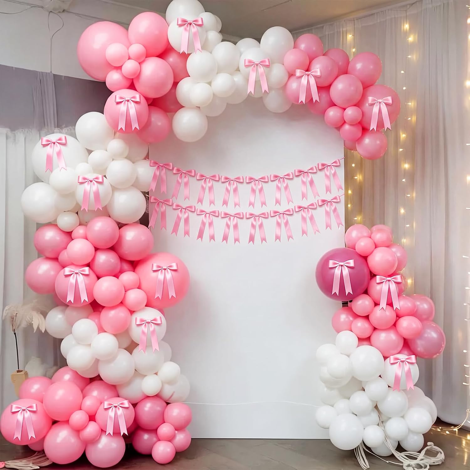 2 Pcs Pink Bow Garland Banner, Pre-Strung Pink Satin Ribbon Bow Garland Coquette Birthday Decorations for Classroom Decor Wedding Birthday Baby Shower