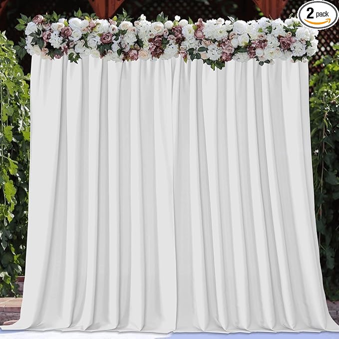 Joydeco White Backdrop Curtains for Parties, Photography Backdrop Drapes for Wedding Decorations Birthday, Wrinkle Free Polyester 5ft x 8ft Fabric Drape 2 Panels with Rod Pockets