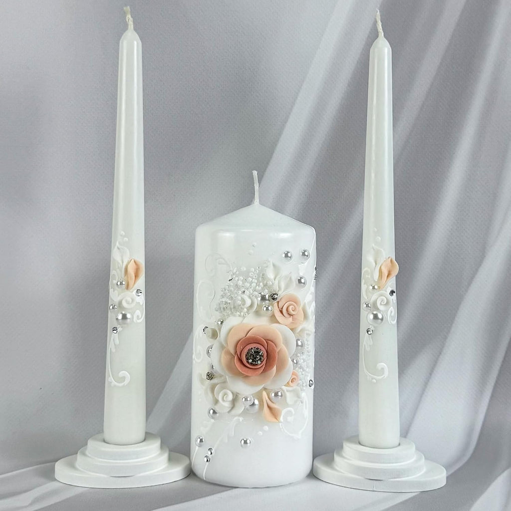 Unity Candle Set - Wedding Ceremony & Reception – 6” Pillar & Two 10” Taper Candles – Long Burning Unity Candles for Marriage Ritual – Handmade in USA – White | Rose