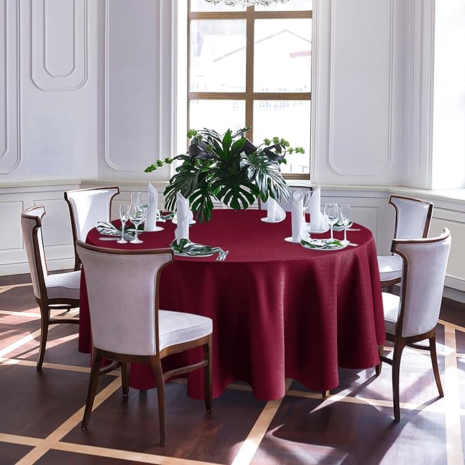 Biscaynebay Textured Fabric Christmas Round Table Cloth 120", Burgundy Water Resistant Folding Table Covers for Dining, Kitchen, Wedding, Parties etc. Machine Washable
