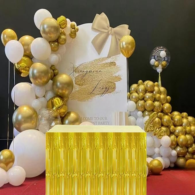 Gold Streamers Party Decorations, 2 Packs Gold Table Skirts Metallic Foil Fringe Tinsel for Birthday Float Parade Mardi Gras Graduation Party Supplies -29x108Inch