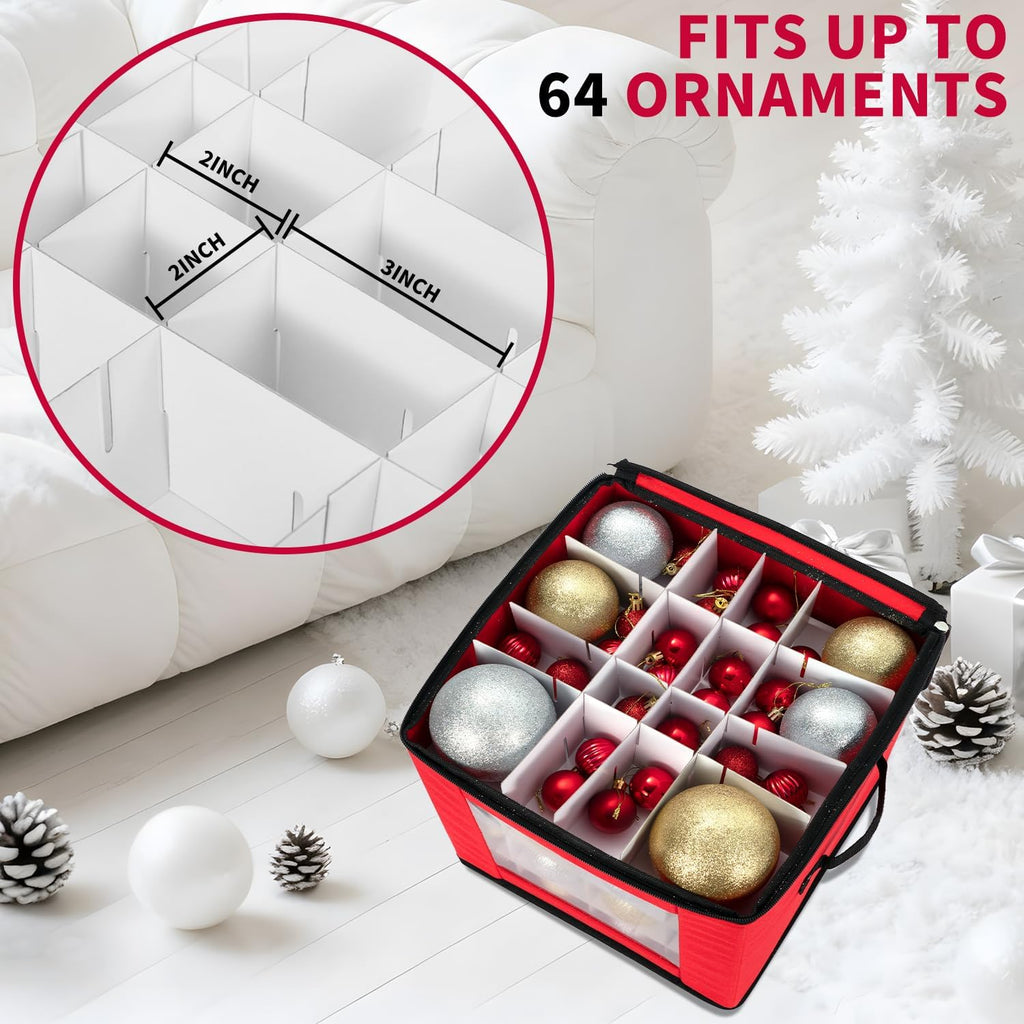 DIMESHY Christmas Ornament Storage Box With Adjustable Dividers,Ornament Storage Container with Two Handles for 64Holiday Decorations,Red